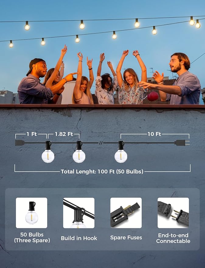 XMCOSY+ Outdoor String Lights, Smart Patio Lights 100Ft Dimmable Outdoor Lights Warm White, 50 G40 LED Bulbs, WiFi String Lights for Outside, Work with Alexa, APP Control, Waterproof Extendable