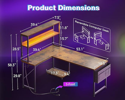 AODK L Shaped Desk Gaming Desk with LED Light & Power Outlet | 53 Inch Vintage Reversible L Shaped Computer Table with Shelf & Storage Bag & Hook for Home Office