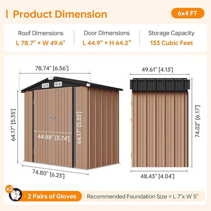6x4FT Outdoor Storage Shed with Base Brown | Metal Garden Tool Shed with Sloping Roof & Lockable Door for Garden, Patio, Backyard