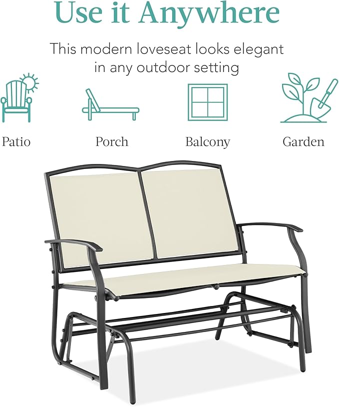Best Choice Products 2-Person Outdoor Patio Swing Glider Steel Bench Loveseat Rocker for Deck, Porch w/Textilene Fabric, Steel Frame - Ivory/Gray