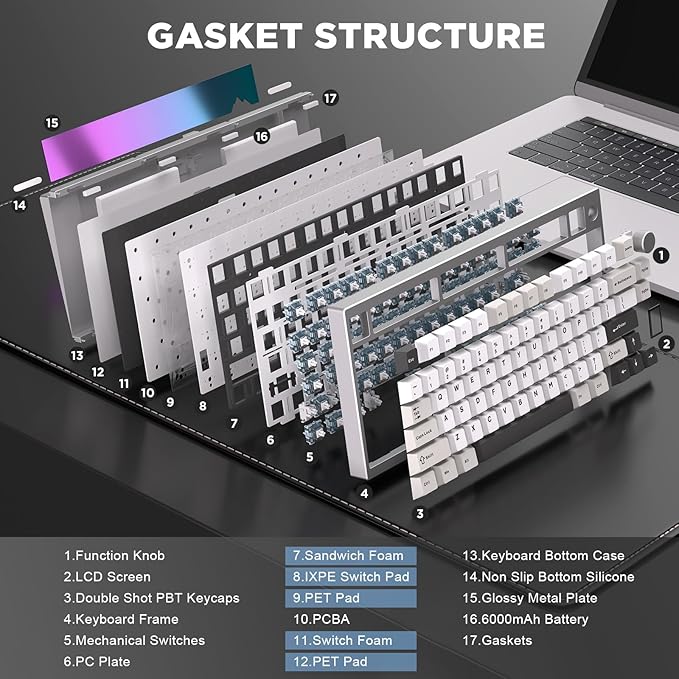YUNZII AL80 75% Wireless Aluminum Mechanical Keyboard(Silver,Gateron Zero) | QMK/VIA, Smart LCD Display and Knob, Hot Swap, Gasket Structure, BT/2.4G/USB-C, RGB Keyboard for Gaming/Win/Mac