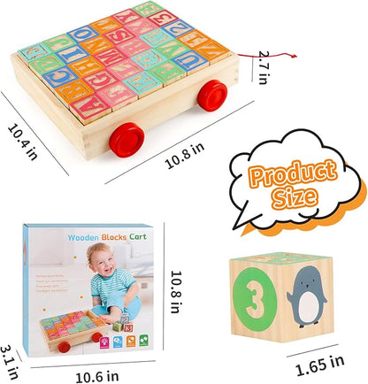 Wooden Building Blocks for Toddlers, Large Wood Baby Stacking Blocks Set for Kids, 30 PCS Alphabet Blocks with Toy Wagon, Educational Wooden Toys for Boys Girls Gifts 1.65"