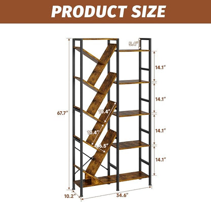 5-Tier Double Wide Bookshelf 67" , Industrial Tree BookShelves, Vintage Storage Rack with 14 Open Shelves, Large Bookcase, Wooden and Metal Bookshelves, Wide Display Rack for Home Office Decorative
