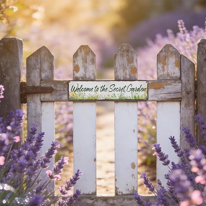 Garden Metal Tin Sign, Vintage Farmhouse Decor, Welcome to the Secret Garden Sign, Gardening Wall Art, for Yard Fence Door Porch, Rustic Indoor Outdoor Decoration, 15.7 x 3.9 Inches