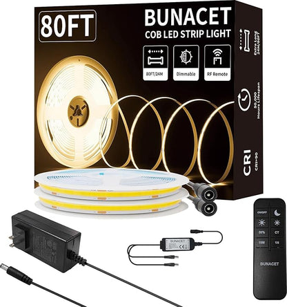 80FT/24m COB LED Strip Light (2 Rolls of 40ft) Warm White Dimmable 3000K High Lumen CRI 90+ with 24V6A Power Adapter RF Remote LED Lights for Bedroom Counter Under Cabinet Kitchen Projects