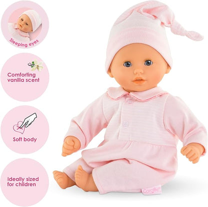 Corolle Bébé Calin Charming Pastel - 12" Soft Baby Doll with Vanilla Scent, Pink Outfit & Sleeping Eyes for Girls Ages 18 Months+, Cute Reborn Realistic Baby Dolls for 2 Year Old Girls