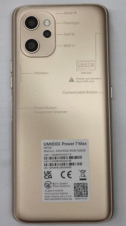 UMIDIGI Power 7 MAX Unlocked Cell Phone,6GB+128GB 10000mAh Battery,6.7" Full Screen + 48MP AI Triple Camera Android Smartphone,NFC,GPS,Face & Fingerprint,BLE 5.0, WiFi 2.4GHz/5GHz,Warranty,Gold