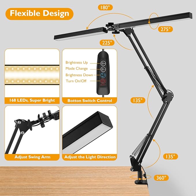 LED Desk Lamp with Clamp, Super Bright Double Head Desk Lamps for Home Office, 5 Color Modes, 10%~100% Dimmable Brightness, Architect Task Desk Light, Modern Swing Arm Workbench Desk Lighting