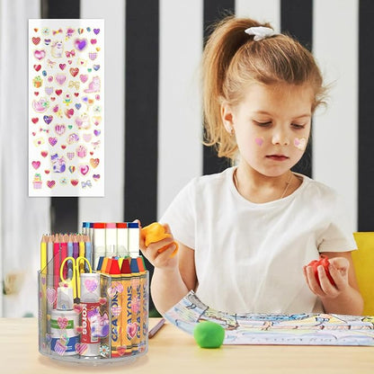 Acrylic Pencil Organizer for Desk Crayon Organizer with Adhesive Sticker | Rotating Art Supply Organizer with Kawaii Sticker, Spinning Marker Holder Organizer for Kids Small Lazy Susan with 4 Dividers