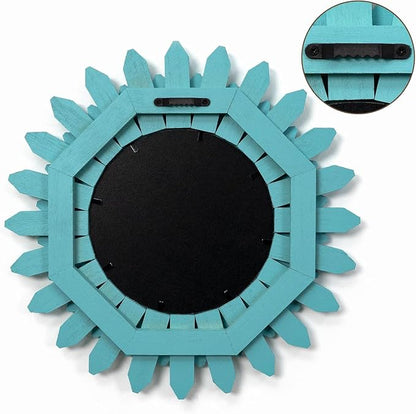 Honiway Beach Wall Decor Mirror 2 Pack 12 inch Wood Coastal Wall Decor Sunburst Boho Home Decor Room Decor for Bedroom Living Room Entryway Cyan