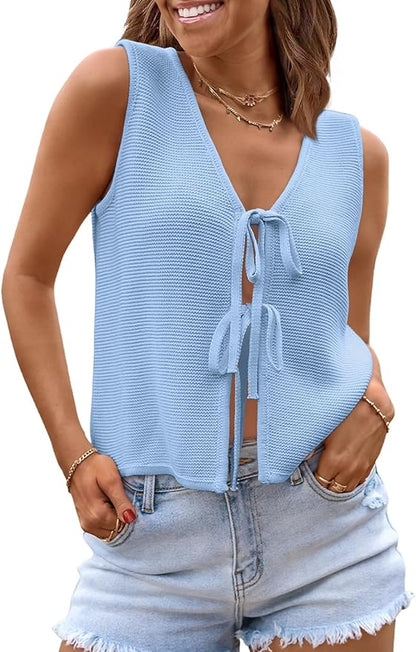 LILLUSORY Womens Tie Front Tops Vacation Sweater Vest | Bohemian Style, Beach Resort Wear, Concert Western Outfits, Crochet Tops, Vacation Outfits, Cute Y2k Sleeveless 2026
