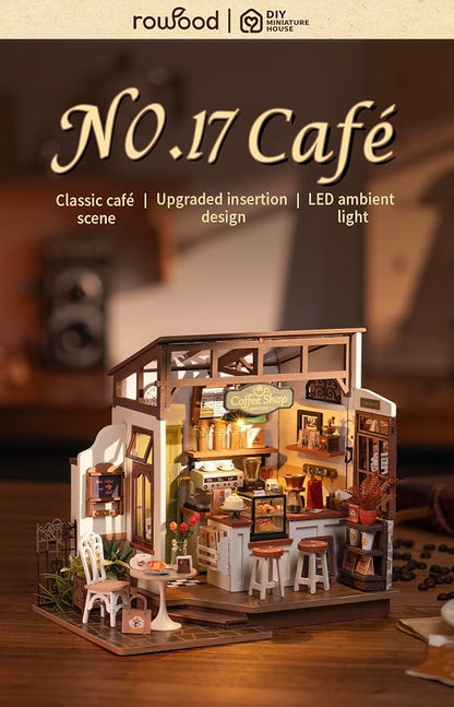 Rowood Coffee Miniature House Kit, Mother's Day DIY Miniature Dollhouse Kits for Adults to Build, Wooden Mini House Model Kits Adults Crafts with LED, Gift on Christmas Birthday for Family-NO.17 Cafe