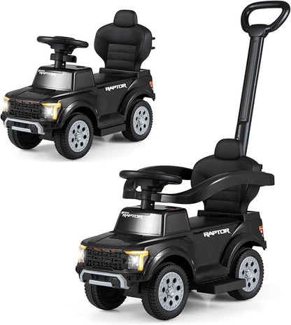 Costzon Ride On Push Car for Toddlers, 3-in-1 Ford Licensed Sliding Car w/Handle, Guardrail, Horn, Engine Sound, LED Lights, Under Seat Storage, Foot-to-Floor Kids Ride On Toys for Boys Girls (Black)