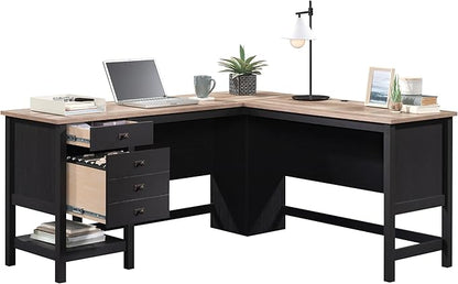 Sauder Cottage Road L-Desk, L: 65.12" x W: 58.66" x H: 29.76", Raven Oak Finish