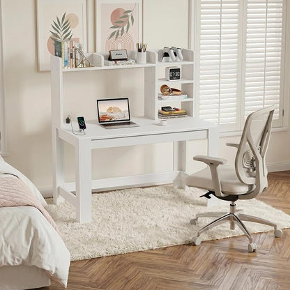 WINAZ White Desk with Hutch and Power Outlet, 43 Inch Small Space Computer Writing Desk with Storage Shelves, Modern Home Office Workstation for Bedroom Dorm