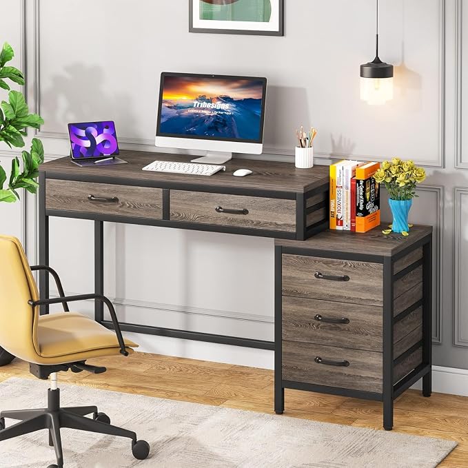 Tribesigns Computer Desk with 5 Drawers, Reversible Home Office Desks | Small Desk with Drawer Cabinet Printer Stand, PC Desk with Storage, Grey Study Writing Table Workstation for Small Spaces