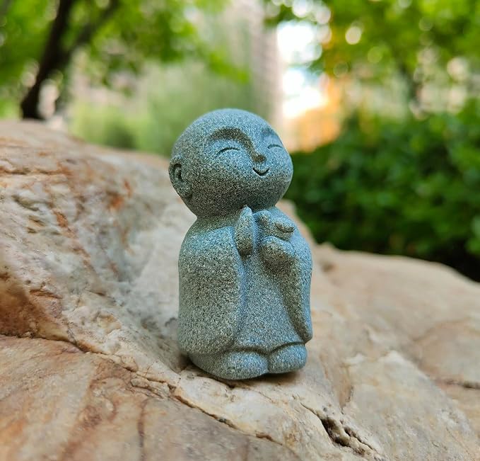 livelyfish Japanese Monk Statue Praying Zen Sandstone Mini Buddha Statues Asian Garden Sculptures for Wealth Good Luck Feng Shui Home Decor, C