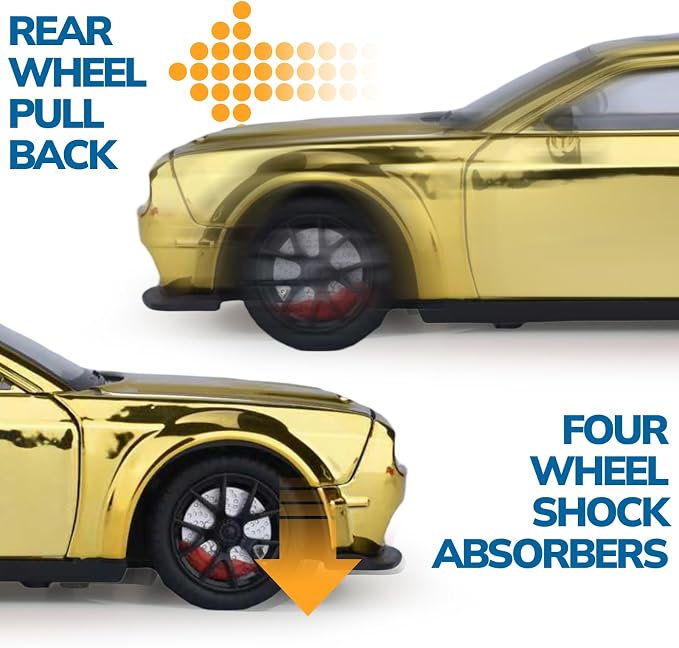 Car Toys for Boys 1/24 Diecast Cars Hellcat SRT Collectibles Model Kit,Pull Back Metal Toy Car with Lights and Sounds,Toy Cars for Boys Age 4-7（Gold）
