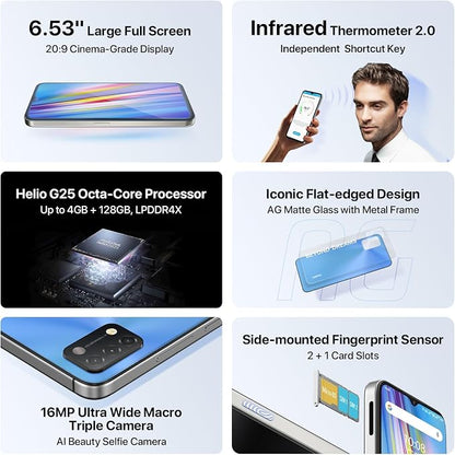 UMIDIGI A11 Unlocked Cell Phone, Helio G25, 4GB+128GB Expandable 256GB, 6.53 Inch FHD Touch Screen, AG Matte Glass Finish, 5150mAh Android 11 Smartphone, 16MP+8MP, Dual SIM 4G Volte, Al Face Unlock