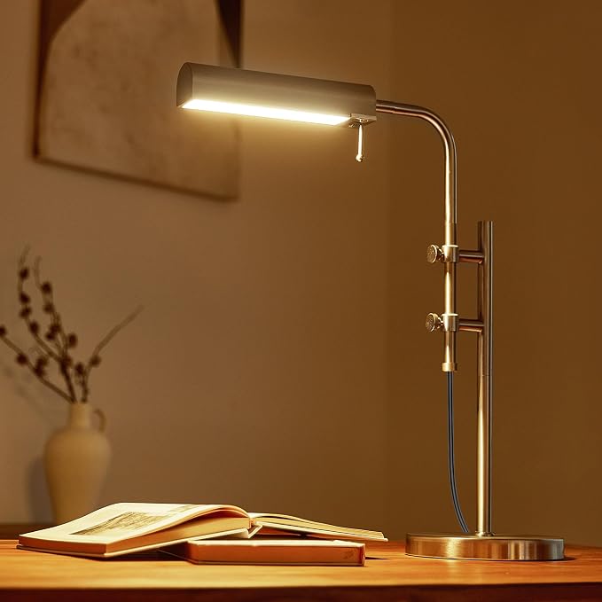 VONLUCE Rustic Desk Lamp, Adjustable Industrial Style Metal Table Lamp, 3 Color Temperatures LED Reading Lamp for Living Room Bedroom Office, Brushed Nickel