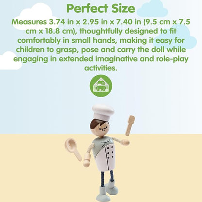 PlanToys® Wooden Chef Doll | Poseable 1:12 Scale Character Figure for Dollhouse Play, Cooking Scenarios & Social Interaction | Eco Friendly Montessori Pretend Play Figure