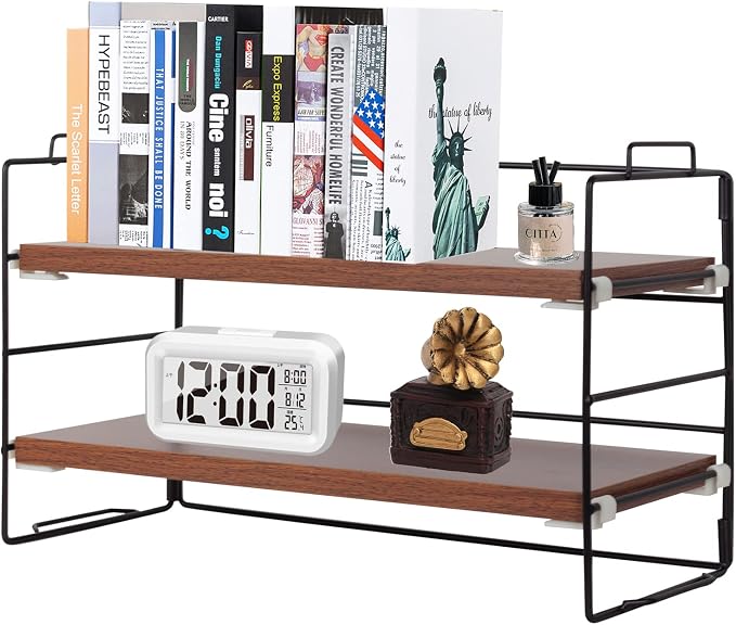 ShellKingdom Desk Shelf Organizer, 2 Tier Desktop Shelves, Adjustable Bookshelf Storage Rack and Office Cubicle Decor for Tabletop, School, Office, Dorm Organization (Black Frame + Wood Board)