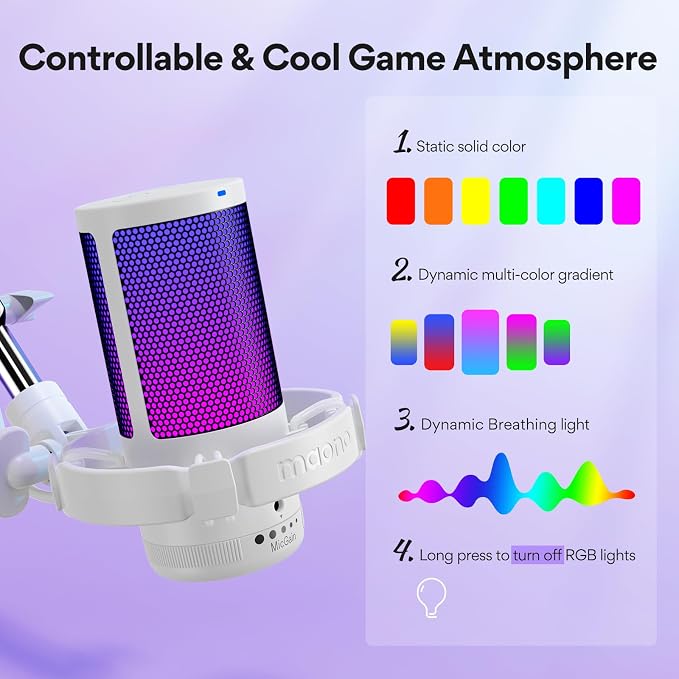 MAONO DGM20S USB Microphone for PC with Clear Voice & Noise Reduction | RGB Lighting, Tap-to-Mute, Gain Control, Monitoring and Boom Arm for Discord Gaming, Streaming, Content Creation.White