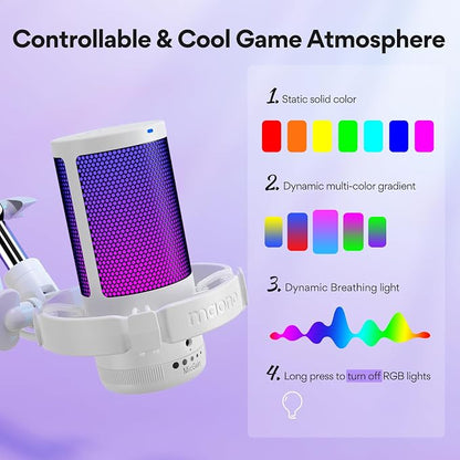 MAONO DGM20S USB Microphone for PC with Clear Voice & Noise Reduction | RGB Lighting, Tap-to-Mute, Gain Control, Monitoring and Boom Arm for Discord Gaming, Streaming, Content Creation.White
