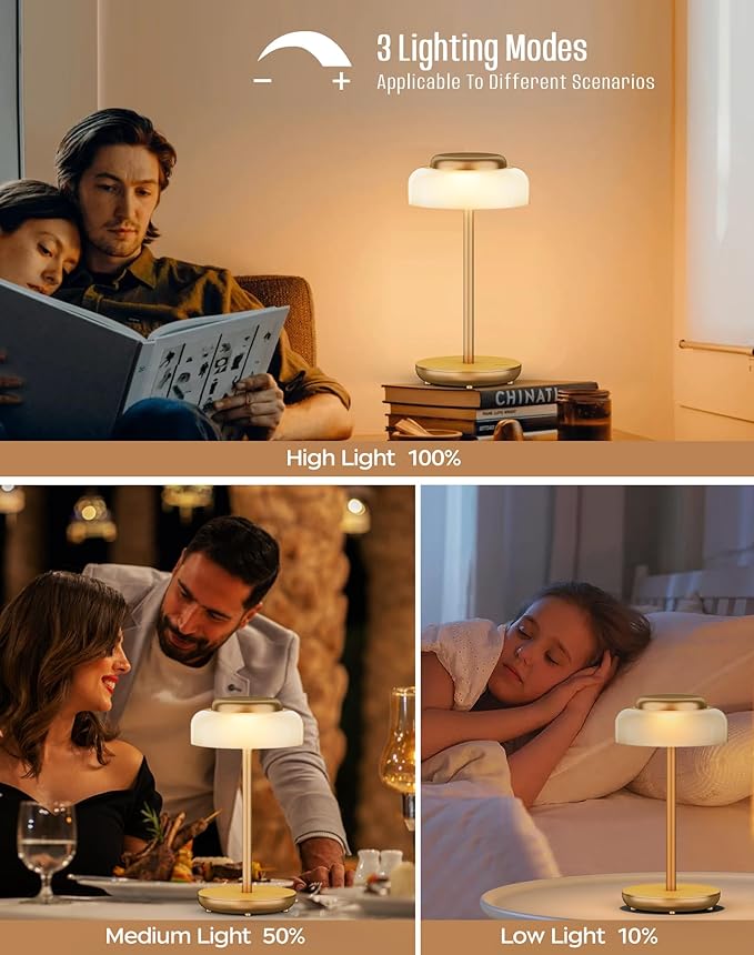 QiMH Battery Operated LED Table Lamp, 5000mAh Cordless Desk Lamp with 3 Level Brightness Touch Control, Mini Rechargeable Night Light for Living Room, Bedroom, Outdoor bar (Gold)