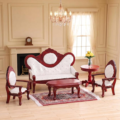 Skylety 7 Pcs Victorian Dollhouse Furniture Set 1: 12 Scale Wooden Mini House Living Room Furniture and Accessories, Sofa Table Chairs Vase for Adults Toys Gift Retro Miniature Doll House Accessories