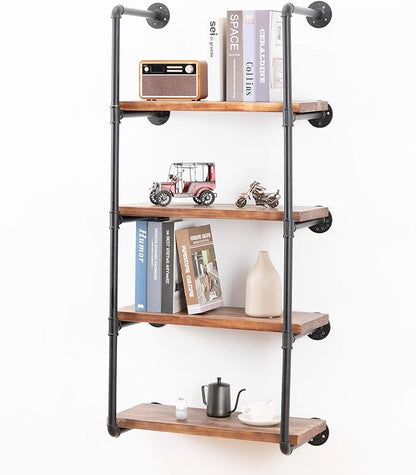 Industrial Wall Mounted Pipe Shelving,Rustic Metal Floating Shelves,Steampunk Real Wood Bookcases,DIY Bookshelf Hanging Shelves,Farmhouse Kitchen Bar Office Home Storage (5-Tier with 4 Boards,24in)