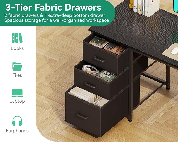 AODK 51 Inch Computer Desk with Drawers & USB Power Outlets | Reversible Home Office Desk with Storage Shelves, Work from Home, Modern Work/Writing/Study Table for Bedroom, Black