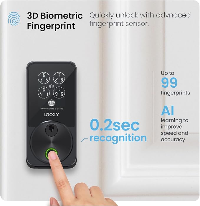 Lockly Secure Pro Smart Door Lock,Fingerprint Keyless Entry Door Lock,Apple Home Key Compatible,Auto Lock, App Remote Control,IP65 Waterproof,Easy Installation