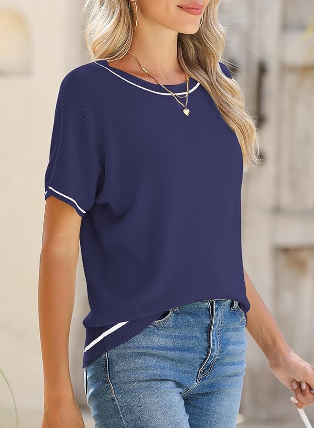 SHEWIN Womens Tops Trendy Short Sleeve Shirts Crewneck Lightweight Knit Sweater Top Business Casual Outfits