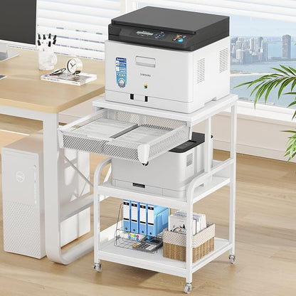 EasyCom Large 3-Tier Rolling Printer Stand with Storage Drawer & 5 Adjustable Shelves Mobile Cart with Industrial Wheels for Home Office Desk Fits 3D Printer, Scanner, and Fax White