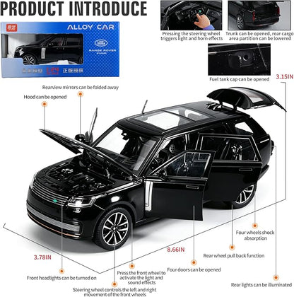 Toy Car Model 1/24 Diecast Cars Compatible with Land Rover Range Rover Off-Road SUV Collect Model Car Kits for Adults and Boys Metal Toy Cars for Kids Age 3+ Pull Back Cars with Light and Sound（Black）