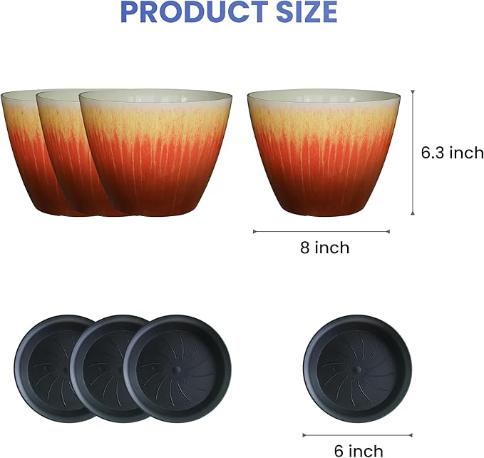 Plant Pots Pack of 4, 8 inch Plastic Flower Pots, Modern Glossy Finishing Planter for Indoor Outdoor Plants (Orange Glaze, 4 Pack)