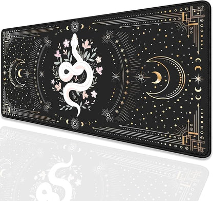 Mysterious Starry Sky Moon and White Snake Pattern Large Extended Gaming Mouse Pad E-Sports Office Desk Mat Keyboard Pad Rubber Non-Slip Computer Mouse Mat Suitable for Home Office Work(27.5X11.8 in)