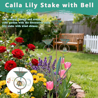 Calla Lily Garden Stake with Bells, Metal Flower Decorative Garden Stakes, 34" H Yard Art for Outdoor Lawn Patio Pathway Decor, Bronze
