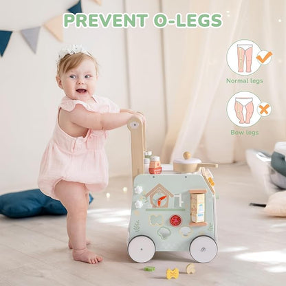 ROBOTIME Baby Walker Push Toy, Adjustable Height & Speed, Prevents Bow Legs, Spring Garden Activity Center with Clock, Shape Sorter, Play Kitchen, and Sink, Ideal Toddler Walking Toy for 10+ Months