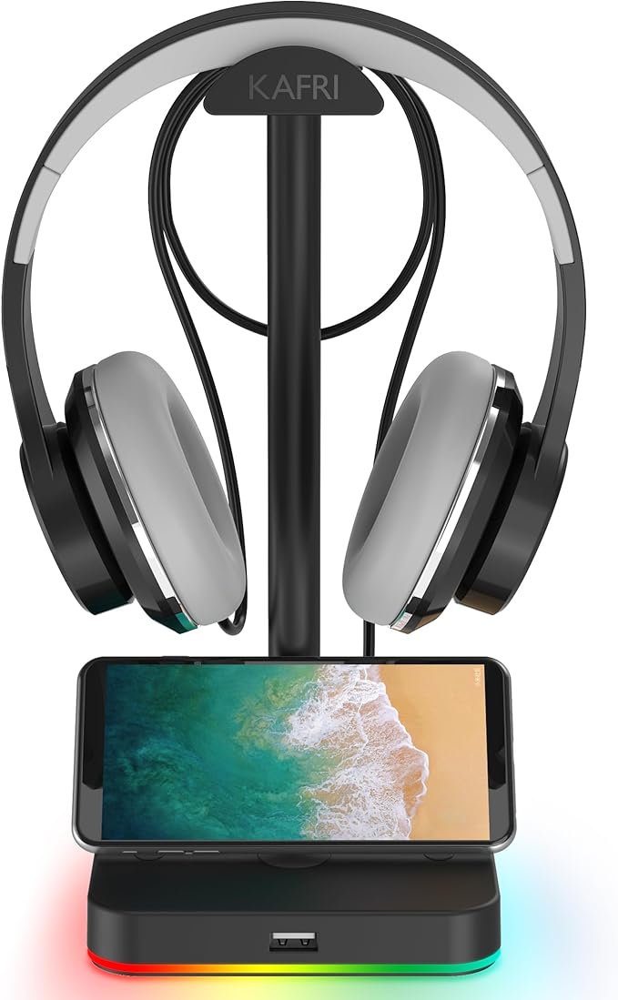 KAFRI RGB Headphone Stand with USB Hub Desk Gaming Headset Holder Hanger Rack with 1 USB2.0 Extension Charging Port Extender Cord - Suitable for Gamer Desktop Table Game Earphone Accessories, Black