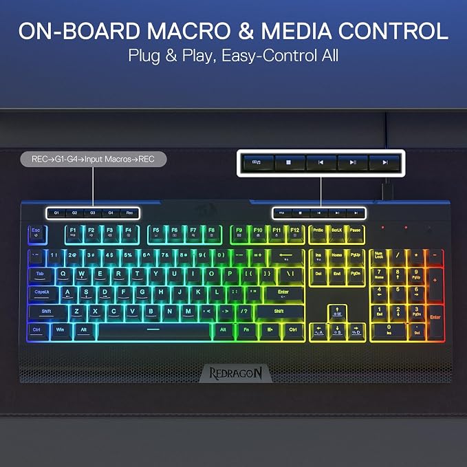 Redragon K525 RGB Backlit 104 Keys Wired Membrane Gaming Keyboard w/ 5 Multimedia Keys & 4 Extra On-Board Macro Keys, Dedicated Media Control, Ergonomic Wrist Rest, Linear Mechanical-Feel Switch