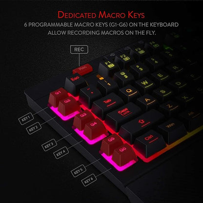Redragon K512 RGB Membrane Gaming Keyboard, 6 Macro Keys & Easy Media Wheel | Dedicated Scroll Controls, No Software Needed 6 On-the-Fly Combos for Extensive Games, 13 Backlight Modes, Wrist Support