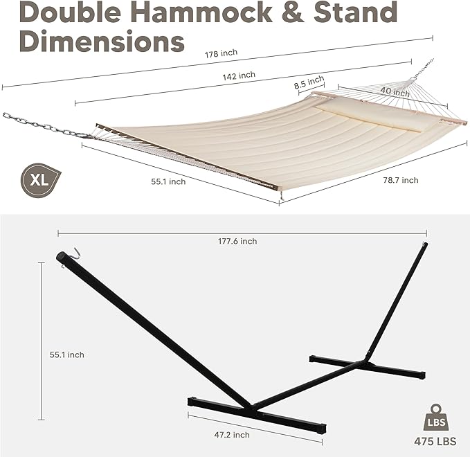 SUNCREAT Double Outdoor Hammock with 15 ft Stand, Standing Patio Hammocks for Outside, Beige