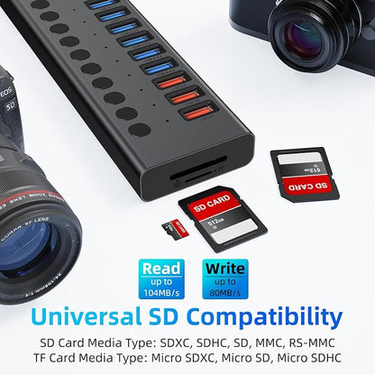Powered USB Hub 10Gbps, 17 Ports 96W USB 3.2 Hub(10 USB-A 3.2 Ports+3 QC 24W Fast Charging Ports+2 USB-C 3.2 Ports+SD/TF Card Reader), 12V/8A Power Adapter for Laptop, PC, Computer, HDD,Flash Drive