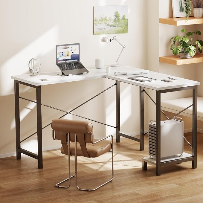 DUMOS 50-Inch Reversible L Shaped Desk with CPU Shelf, Grey | Computer Desk with Sturdy Metal Frame, Corner Gaming Desk, Home Office Desk for Study, Writing and Work, Sturdy Modern Design