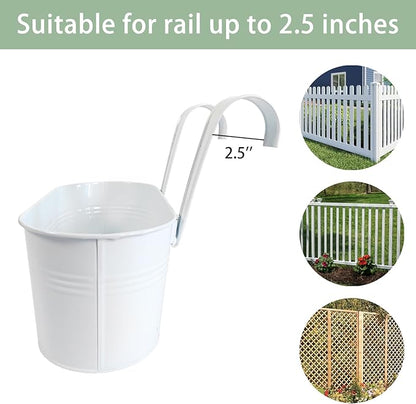 10" Hanging Flower Pots, Pack of 4 White Metal Outdoor Patio Balcony Planter, Railing Planters Fence Pot with Detachable Hook & Drainage Hole for Small Plants (White, 4Pcs)