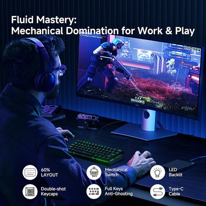 TMKB 60% Mechanical Gaming Keyboard, Red Linear Switch, Wired, Black | LED Backlight, Anti-Ghosting, Detachable USB-C, Double-Shot Keycaps, 61 Keys