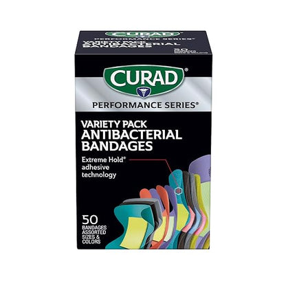 CURAD Performance Series Antibacterial Bandages, Extreme Hold Adhesive Technology, Finger & Knuckle Bandages, Flexible Fabric, Variety Pack with Assorted Sizes & Colors, 50 Count