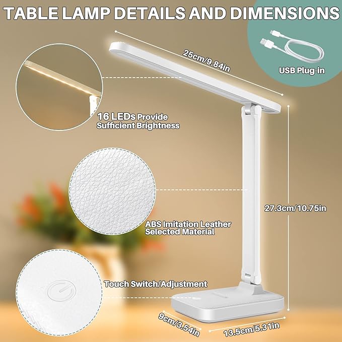 LED Desk Lamp with Touch Control for Reading, No Flicker, 3 Color Modes, Foldable for Table and Eye Caring for Office, Home, Dormitory, USB Interface DC5V 1A